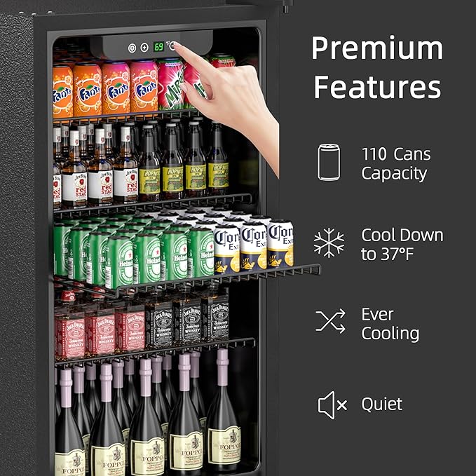 3.1 Cubic Feet/110 Can Beverage Refrigerator,17 Inch Fridge with Adjustable Shelve & LED Display for Soda Beer or Wine, Drink Refrigerator for Home Bar Office(Silver)