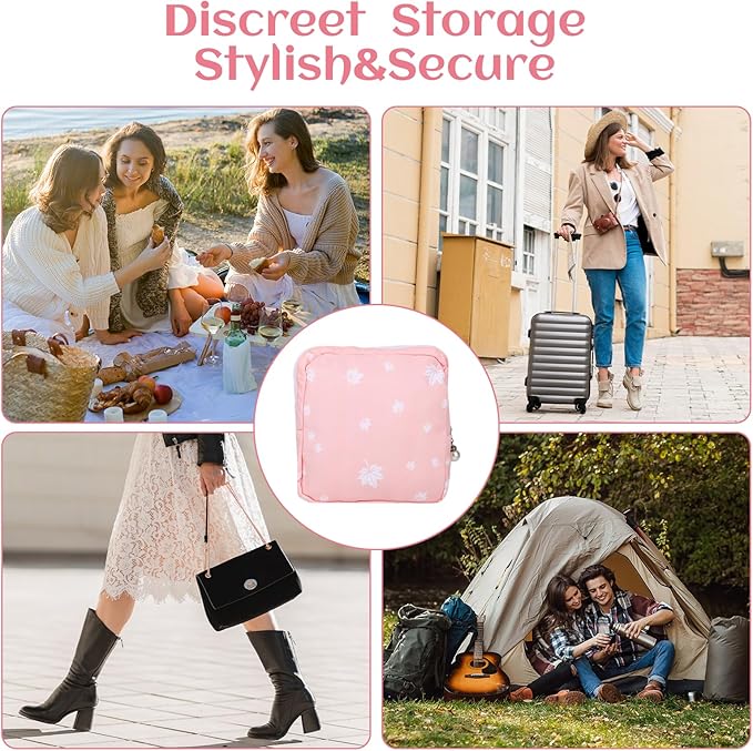 4Pcs Sanitary Napkin Storage Bag, Portable Period Bag for Teen Girls Woman, Pad Pouch Tampon for Purse, Reusable Zipper Period Pouches for Teen School Office Travel Feminine Care Organizer, Flamingo