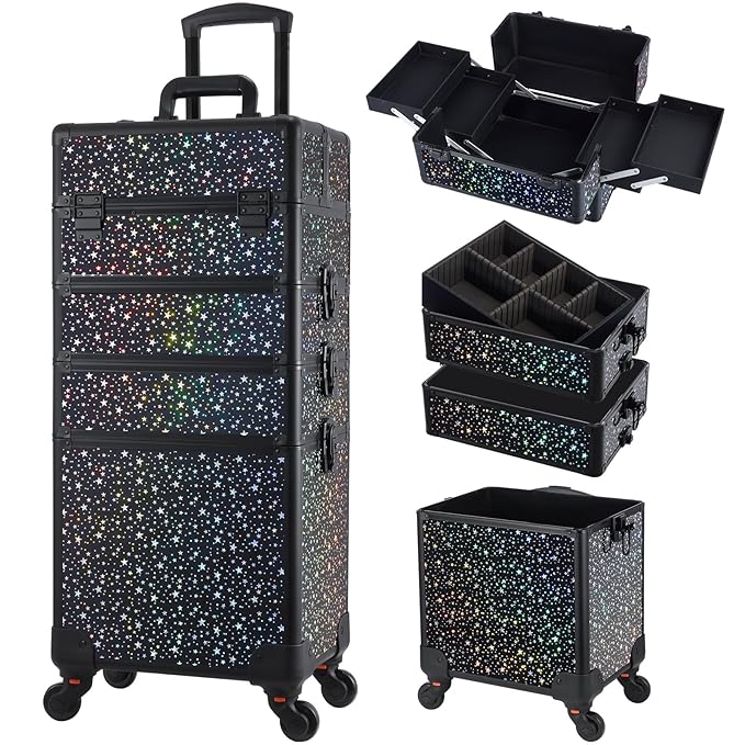 Stagiant Rolling Makeup Case Cosmetology Case on Wheels 4 in 1 Large Makeup Travel Case Nail Kits Organizer Train Case with Key Make Up Artist Salon Storage Traveling Cart Trunk Black Star