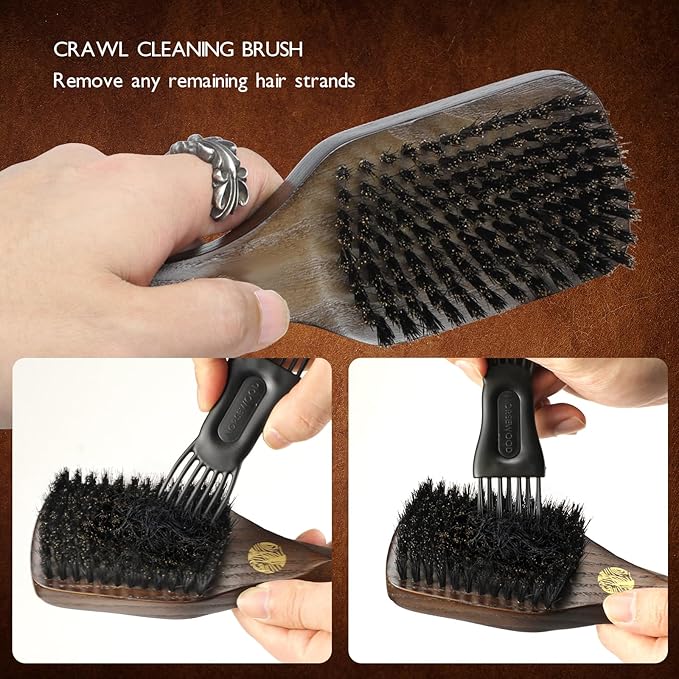 Boar Bristle Brush for Shine and Texture - Stiff Bristles for Medium Hair/Beards, Cleaning Brush Included