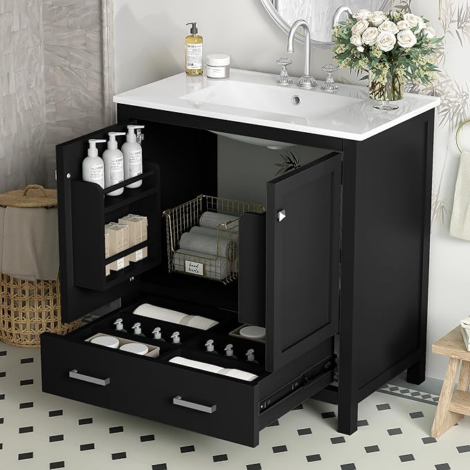 Bellemave 30" Bathroom Vanity with Sink Combo Set, Solid Wood Frame Bathroom Storage Cabinet with a Drawer, 2 Soft Closing Cabinet Doors with Organizer, Black