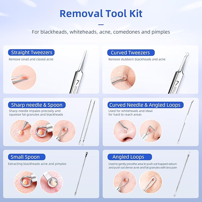 Pimple Popper Tool Kit, 7 PCS Professional Stainless Steel Blackhead Remover Comedone Extractor Tools for Removing Zit on Face - Silver