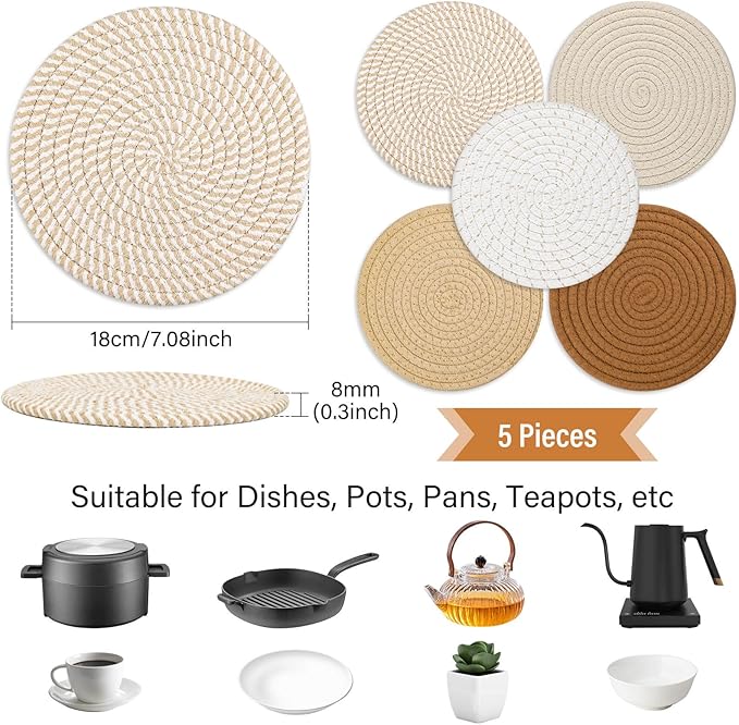 Trivet Mats Set for Hot Dishes, 5 Heat Resistant Pot Holders for Kitchen, Home Essentials, Anti Stain Hot Pads for Hot pots and Pans, Fall Decorations for Home, 7 Inches(Brown)