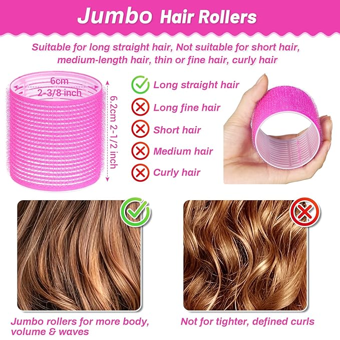 Jumbo Hair Curlers Rollers, 12Pcs 60mm Jumbo Hair Roller Curlers Self Grip Holding Rollers with 12Pcs Hair Clips for Long Straight Thick Hair (Rose Red)