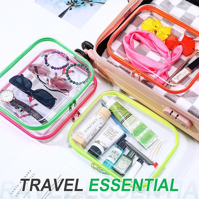 Hoolerry 4 Pcs Hard Clear Zipper Case Makeup Bags Plastic Zipper Pouch Transparent Storage Box Containers for Cosmetics, Snacks, Building Blocks, Puzzles(Clear,9.8 x 7.9 x 2 in,Fluorescent)
