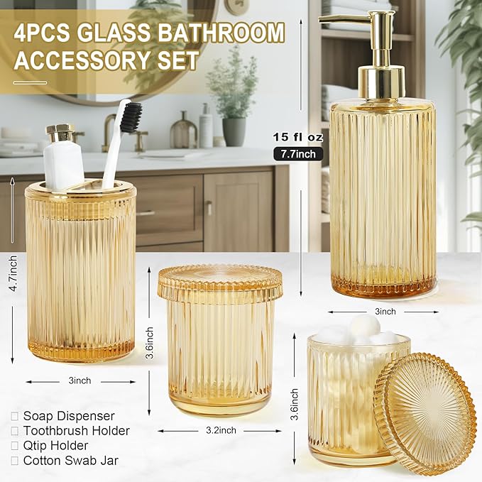 Gold Bathroom Accessories 4 Pcs, Gold Glass Soap Dispenser and Toothbrush Holder Set, Qtip Holder Set, Glass Bathroom Soap Dispenser Set, Yellow Orange Bathroom Decor