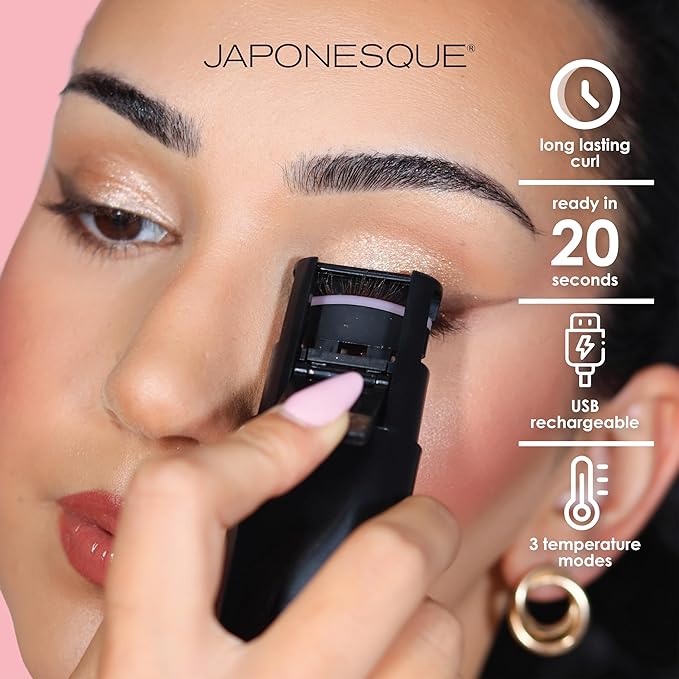JAPONESQUE Heated Lash Curler, Long Lasting Eyelash Curler and Lifter, USB Powered, Heat Safety Settings, Electric Curler Tool