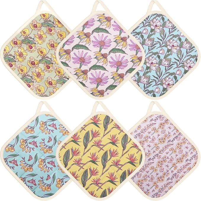 6 Pack Pot Holders 100% Cotton Heat Resistant Potholder, Machine Washable Pot Holder, Hot Pads, Table Pads for Cooking Baking (D)