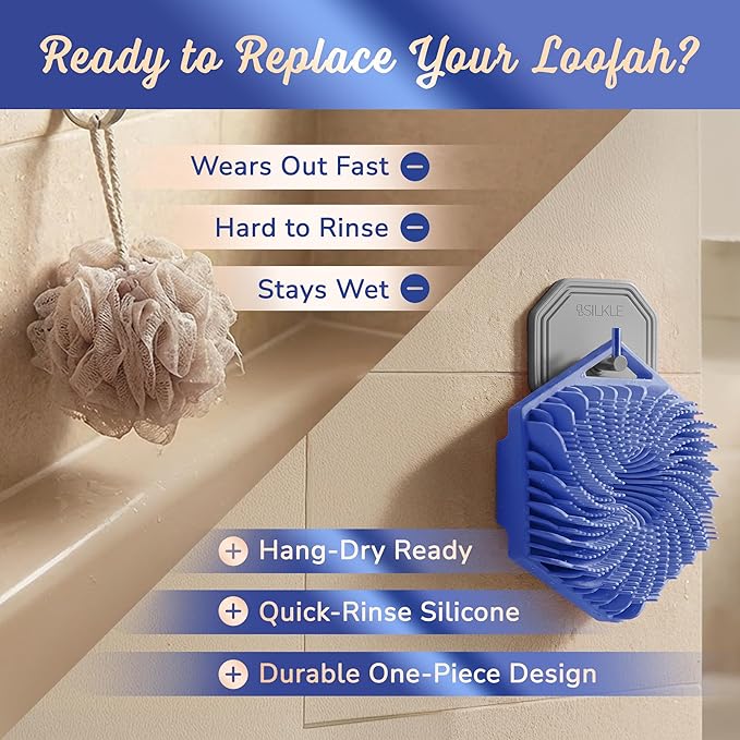 Silicone Body Scrubber – Gentle Exfoliating Shower Scrubber for Body & Bath, Silicone Shower Brush & Loofah Alternative – Non-Slip Silicone Body Brush, Quick Dry, Hygienic - Blue