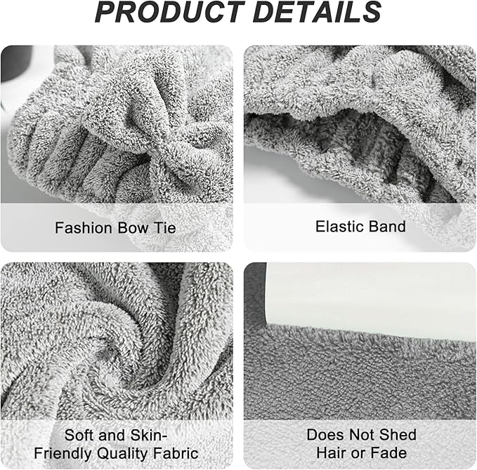 2 Pack Microfiber Hair Towel Cap, Quick Drying Cap Soft Absorbent Towel and 2 Combs for Curly Long Thick Dry or Wet Hair (Stripe and Gray)