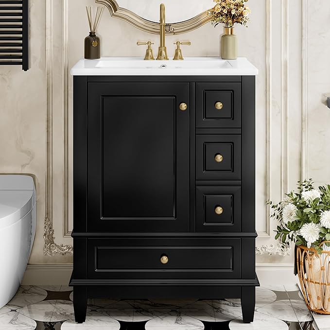 24" Bathroom Vanity with Sink, Harper & Bright Designs Free Standing Single Vanity Set with 3 Drawers and One Door with Storage Racks, Solid Wood Storage Cabinet with Ceramic Basin for Bathroom, Black