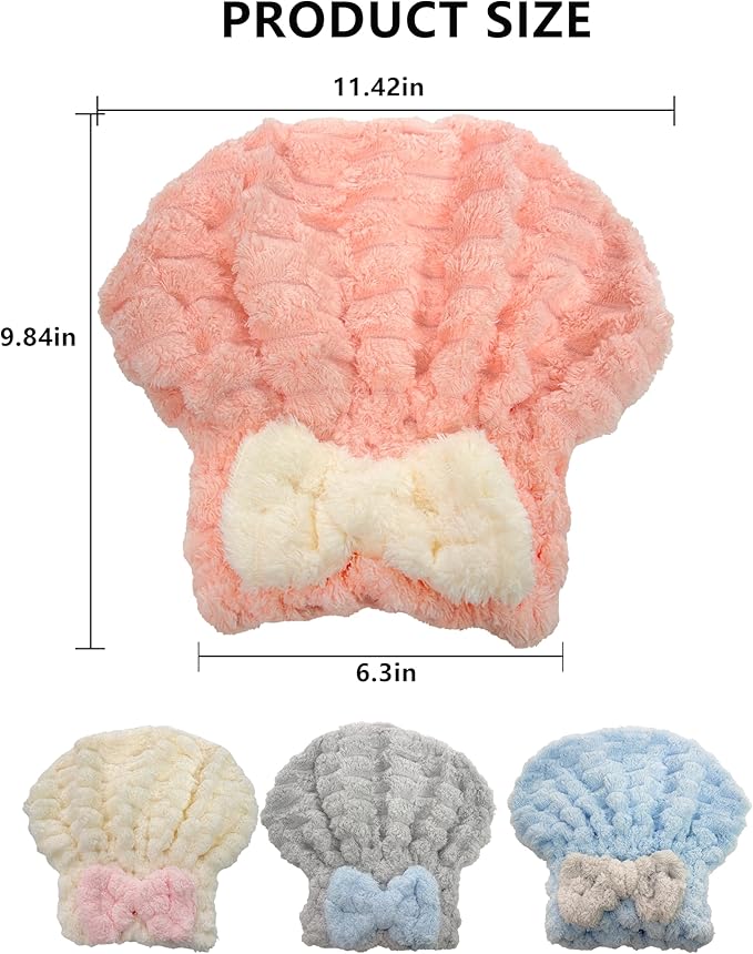 Microfiber Hair Towel 4-Pack, Fast Drying Hair Turban with Bow for Women - Soft Absorbent Hair Wraps, Shower Cap, Gray Pink Blue White