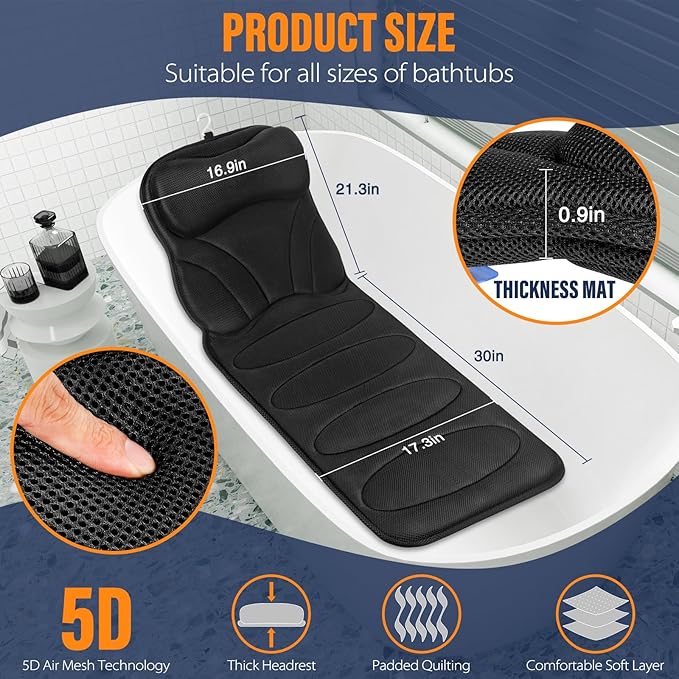 Full Body Bath Pillow for Bathtub, Thick Bathtub Cushion with Laundry Bag,Bath Tub Pillows for Headrest Neck and Back Support Gray 51" x 17"