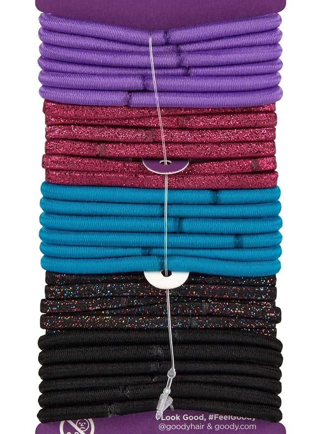 Goody Ouchless Women's Elastic Hair Ties - 30 Count, Assorted Glitter/Multi - 4MM for Medium Hair - Long-Lasting Braids, Ponytails, and More - Pain-Free Hair Accessories (Packaging May Vary)