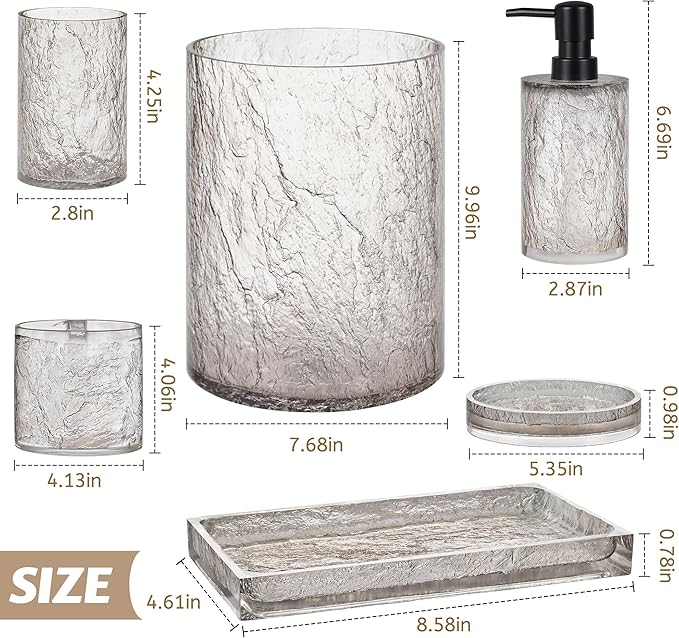Modern Luxe Bathroom Accessories Set 6 Pcs Resin Bathroom Accessory Set Soap Dispenser Toothbrush Holder Tumbler Soap Dish Tray Trash Can Easy to Clean Crackle Pattern Translucent Black