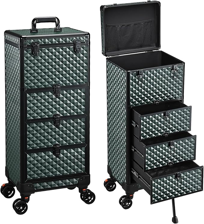Nail Trolley Cart with 3 Drawers, Salon Station Cosmetology Case on Wheels Rolling Makeup Train Case Nail Case Organizer Beauty Salon Travel Case for Nailart,SPA,Hairstylist,Artist,Dark Green