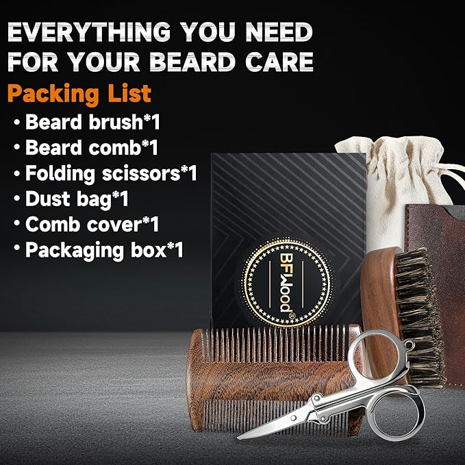BFWood Mens Beard Brush Comb Kit, Small Travel Beard Set - Natural Boar Bristles With Black Walnut Wood, Grooming Sandalwood Mustache Comb, Mustache Trimming Sissors With Storage Bag