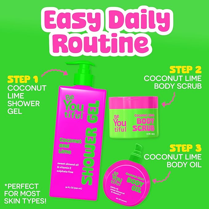 BeYoutiful Coconut Lime Body Oil for Kids & Teens, Easter Gifts for Kids, Hydrating Glow Oil for All Day Moisture with Jojoba & Sweet Almond, Soft Smooth Skin, 8 oz, Easter Stuffers