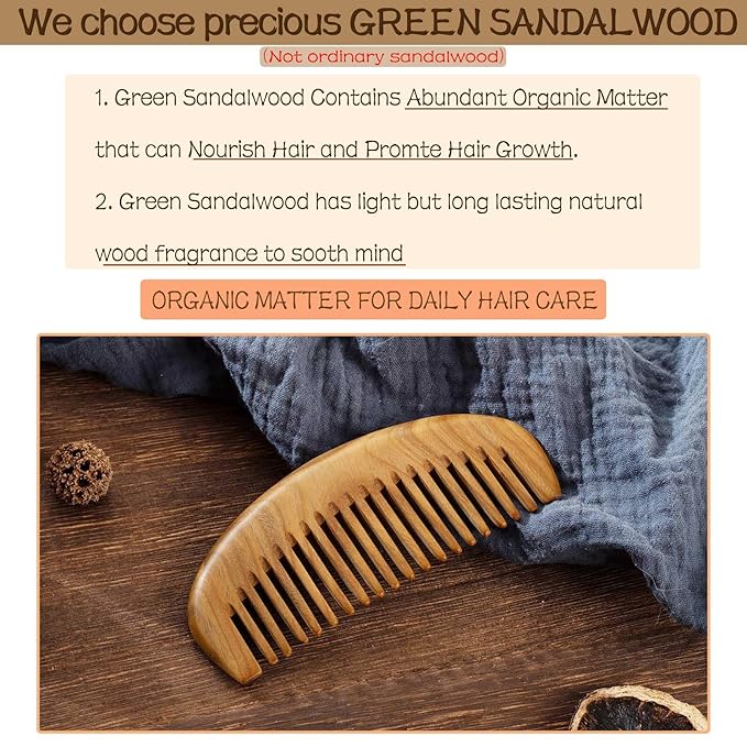 2 Pack Wooden Comb, Beard Comb for Men, Hair Combs for Women - Green Sandalwood
