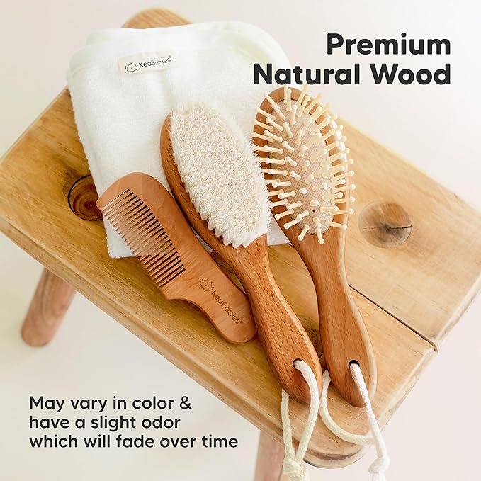 Wooden Baby Hair Brush - Cradle Cap Baby Brush with Soft Goat Bristles, Perfect Gentle Scalp Newborn Comb for Infant, Girls, Boys, Bath Essentials (Golden Oak, Regular)