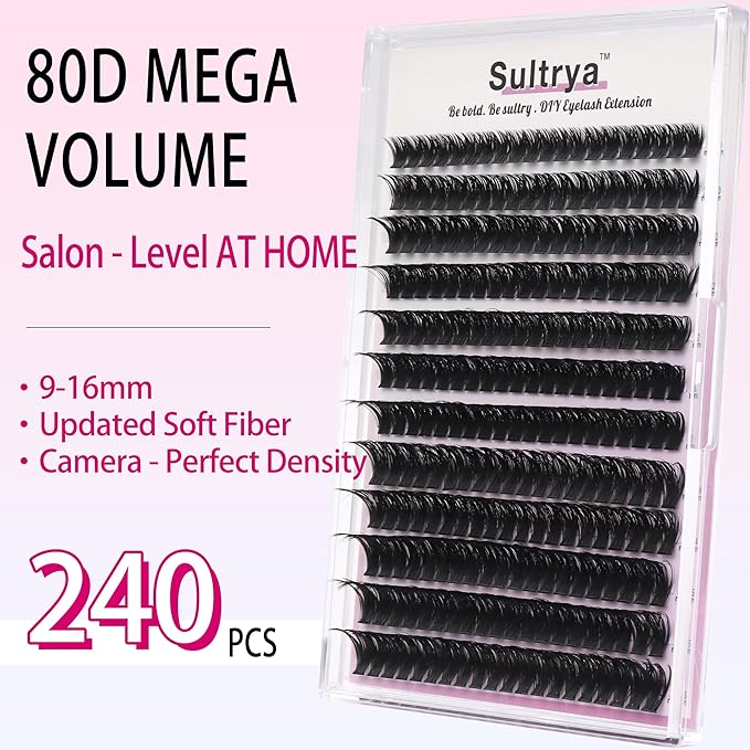 DIY Eyelash Extensions False Eyelashes Lash Clusters Volume Lashes Thick Fluff 9-16mm Individual 240pcs Cluster Voluminous Black D Curly Wispy Fake Mink for Dramatic Look Natural (80D)