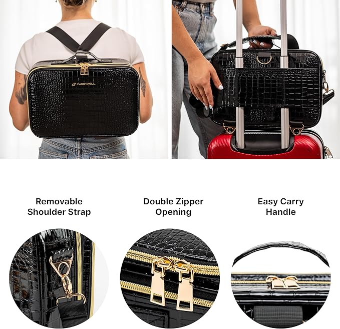 Carrywell Makeup Bag Travel Case, Not-Made In China, Hard Train Case for Cosmetics, Portable Beauty Artists Organizer, Storage Box With Adjustable Dividers For Make Up and Brushes, Medium Crocodile