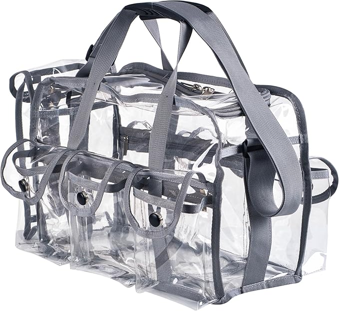 Wide Mouth Large Professional Clear PVC Travel Makeup Artist Set Bag Cosmetic Nails Beauty Bags Transparent Vinyl Tool Organizer Work Bag Beach Bags Diaper Bag with 6 External Pockets & Strap (Grey)