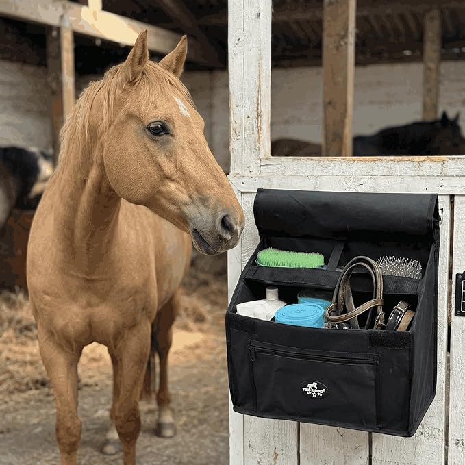 TGW RIDING Stall Front Organizer Bag, Black, Multi-Compartment Storage, Horse Grooming Supply Holder with Top Loading Design
