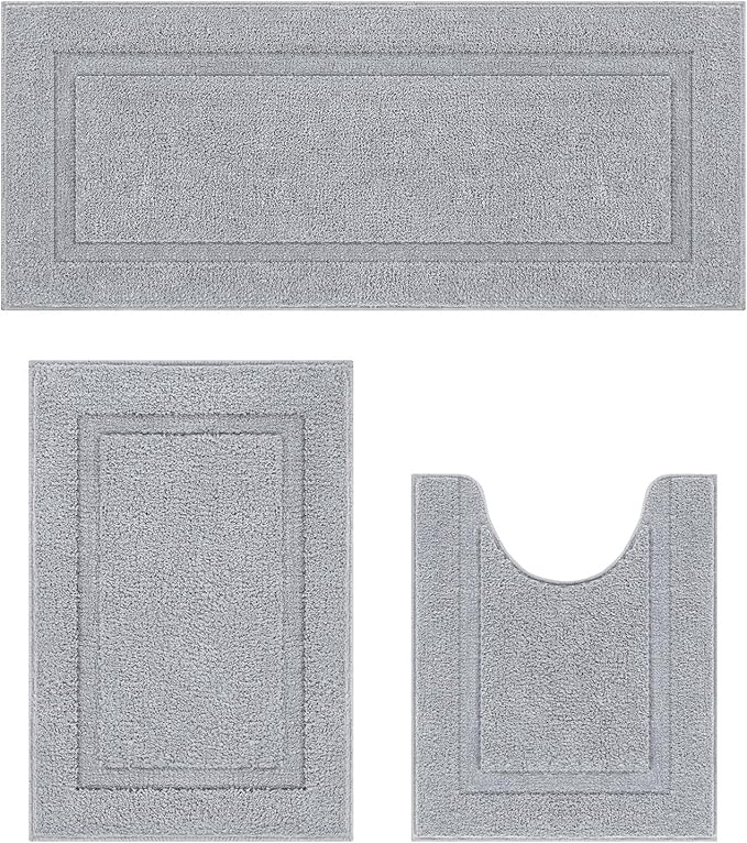 SHACOS Bathroom Runner Rugs Set of 3 Ultra Soft Bath Mat with U Shaped Toilet Rug Absorbent Non Slip Microfiber Bath Rugs for Bathroom Kitchen Bedroom, Light Gray