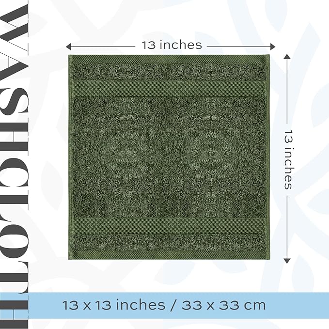 White Classic Luxury Cotton Washcloths 13x13 Inch - 650 GSM Turkish Cotton | Hotel, Spa, Bathroom Face Towel | 12 Pack, Forest Green