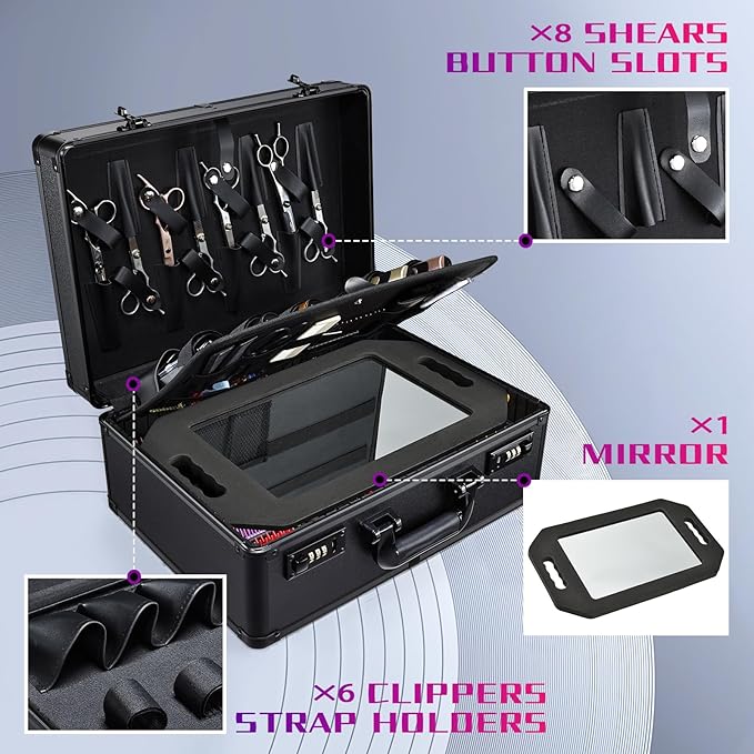 Barber Accessories Case, Profesional Barbers Briefcase Tool Case, Barber Cases for Clippers and Supplies, Hair Scissors Clippers Trimmer Organizer, Barbers Suitcase with Code Lock (Matte Black)