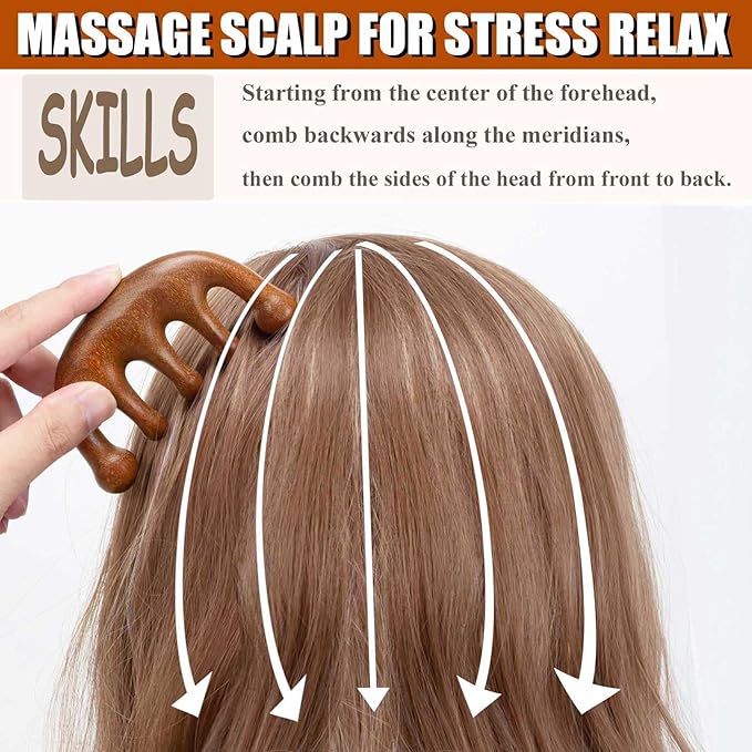 Wooden Scalp Massager for Scalp Gua sha, Massage Comb, Wooden Head Massager - Sandalwood