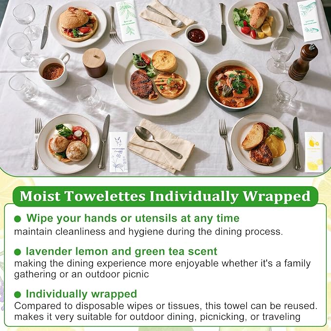 Moist Cotton Towel Bulk Moist Towelettes Individually Wrapped,White Towel Services,Refreshment Pre Moistened Towels for Dentist Travel Sport Party Hotel 20，Lavender,Green tea, Lemon and Cucumber