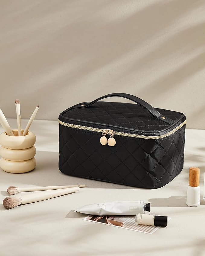 Prite Makeup Bag, Large Capacity Portable Travel Cosmetic Bag, Waterproof Makeup Organizer for Women with Handle and Divider (003 Black Rhombus)