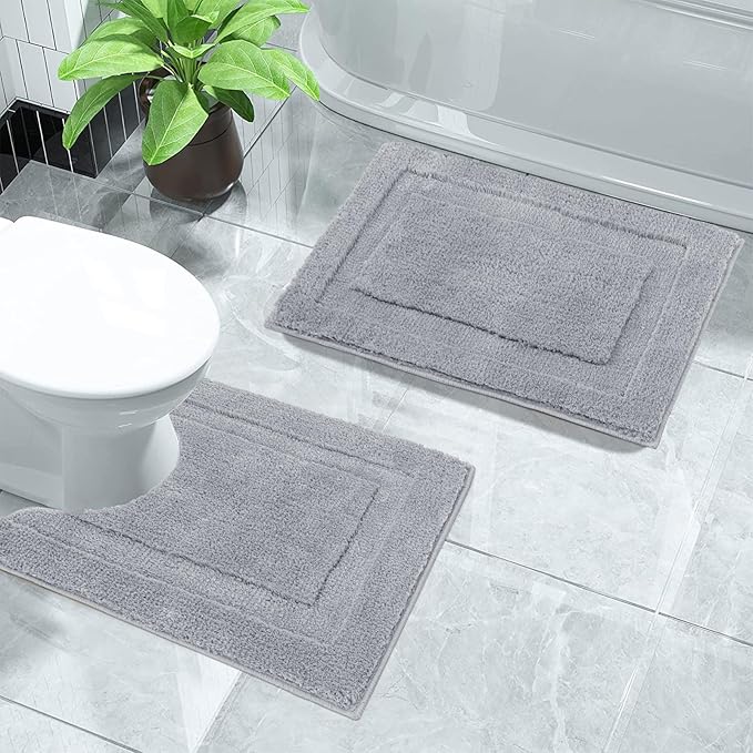 SHACOS Small Bathroom Rugs Set of 2 Pieces Bath Rugs with U Shape Toilet Rugs Set 16x24 + 20x24 inch Soft Absorbent Bath Mats Non Slip Plush Shower Rug Machine Washable, Light Grey