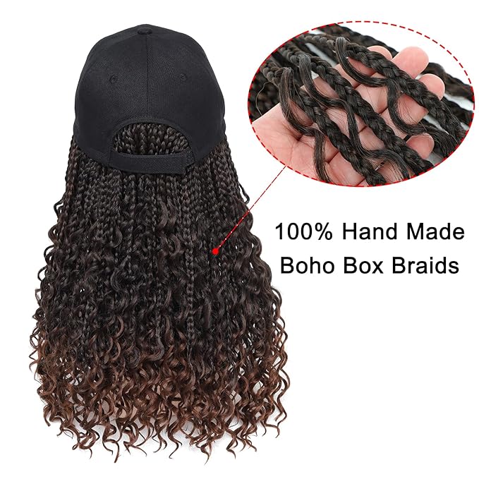 GUOJIAN Goddess Box Braiding Baseball Cap Wig Bohemian Curly Ends Box Braids Hat with Braided Hair Extensions for Black White Women Synthetic Braids Hat Wig with Hair Attached (16inch, T30)