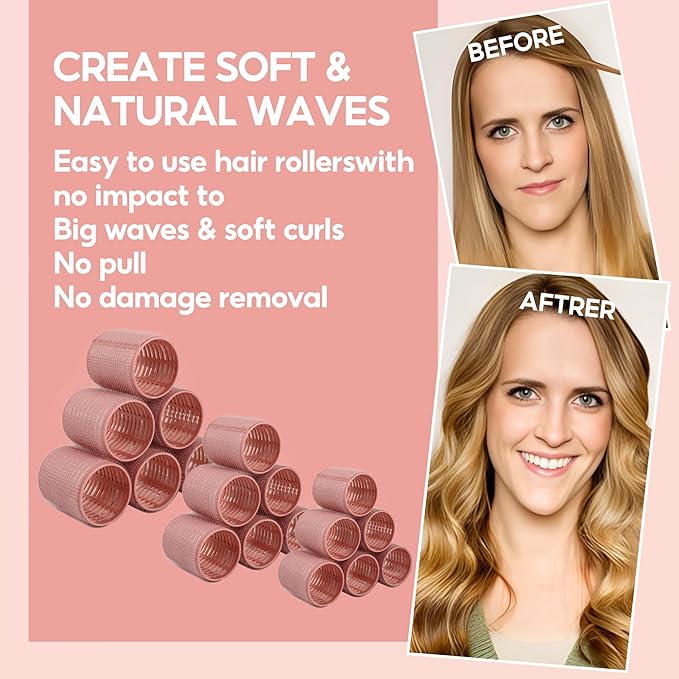 18 pcs Thermal Hair Rollers,Ceramic Thermal Hair Rollers Curlers for Blowout Look Long Hair Volume,Jumbo Self Grip Rollers Hair Curlers for Long Short for Women(Pink)