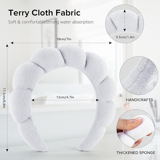 Spa Headbands, Set of 2 - Terry Cloth Headband for Washing Face or Facial, Puffy Makeup Headbands for Face Washing, Mask, Skin Treatment - 1 White & 1 Black