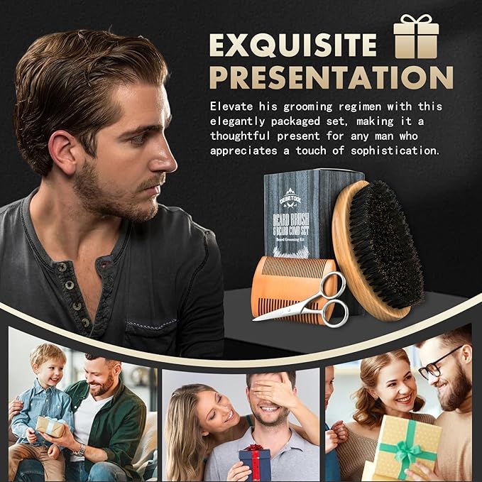 Boar Bristle Beard Brush for Men - Wooden Beard Brush and Comb Set with Beard Scissors, Pocket Travel Men's Wooden Mustache Brush for Beard Care