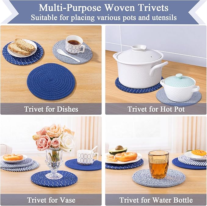 SHACOS 10 Inches Trivets for Hot Dishes, 4 Pieces Cotton Trivets Mats for Kitchen, Hot Pads for Countertops and Table, Heat-Resistant Pot Holders for Hot Pots and Pans(Deep Blue, 4pcs)