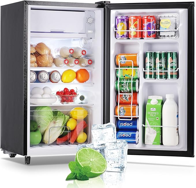 WANAI 3.2 Cu.Ft Mini Fridge with Freezer, Single Door Refrigerator with 5 Adjustable Thermostat, Small Compact Refrigerator Size with LED Light, 3 Removable Shelves Black