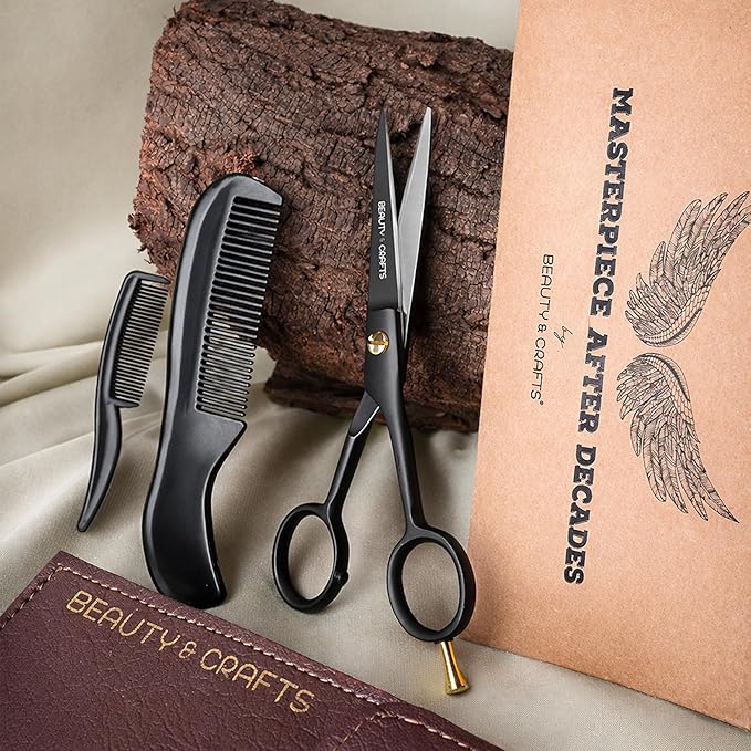 Beauty & Crafts- 5'' German Beard Mustache Scissors - 2 Mustache Comb for Facial Hair with Beautiful Pouch - Beard Trimming Scissors Use for Grooming, Cutting, and Styling of Mustache (Black)
