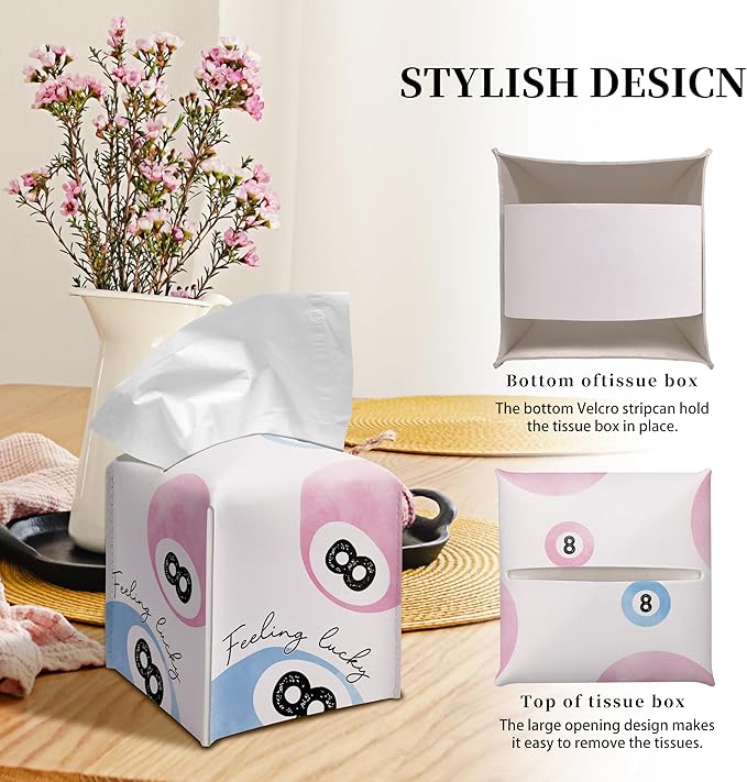 Grace Yonks Cute Tissue Box Cover Square - Pink & Blue 8 Ball “Feeling Lucky” Design 5.2" PU Leather Holder for Vanity, Desk, or Bathroom Counter - Cube Case for Facial Tissues(004)