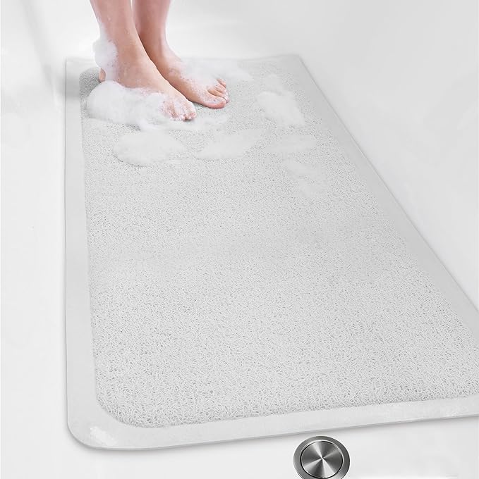 Mecko Non Slip Shower Mats, 16x40 Inch, Anti-Slip Bathtub Mats with Suction Cups for Bathroom, Foot Scrubber Loofah Bath Mats for Shower, Quick Drying Shower Stall Mats for Wet Areas (White)