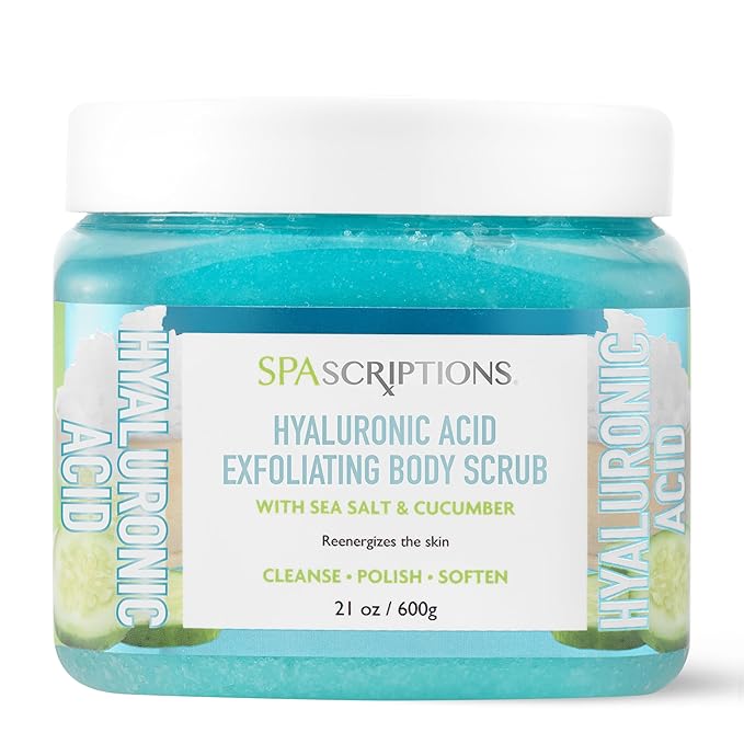 SpaScriptions Cucumber Sugar Scrub - Cooling Body Scrub Exfoliator with Seal Salt & Hyaluronic Acid, Ideal for Dry, Dull, & Rough Skin, Helps Support Hydrated, Comfortable, & Soothing Skin, 21 oz