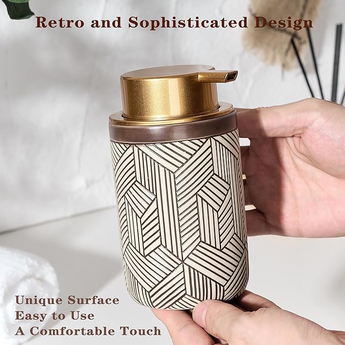 Brown Foaming Soap Dispenser,Ceramic Foam Soap Dispenser for Bathroom&Kitchen,12oz Foam Dispenser with Plastic Gold Pump(Unique&Modern)