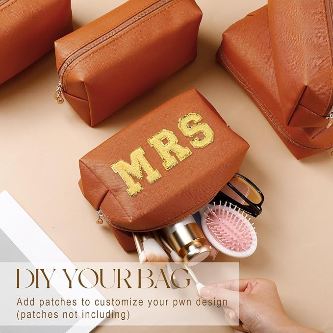 Kigeli 15 Pcs Aesthetic Makeup Bags PU Leather Cosmetic Pouches Waterproof Plain Toiletry Bags Makeup Pouches Bulk for Women Party Gift Travel Storage Organizer(Orange Brown)