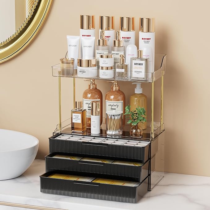 Bathroom Organizers and Storage, Makeup Organizer (Sturdy Durable Attractive), Ideal for Vanity, Countertop, Counter, Perfume, Skincare, Cabinet, Cosmetic, Dresser Organizer (deep black)