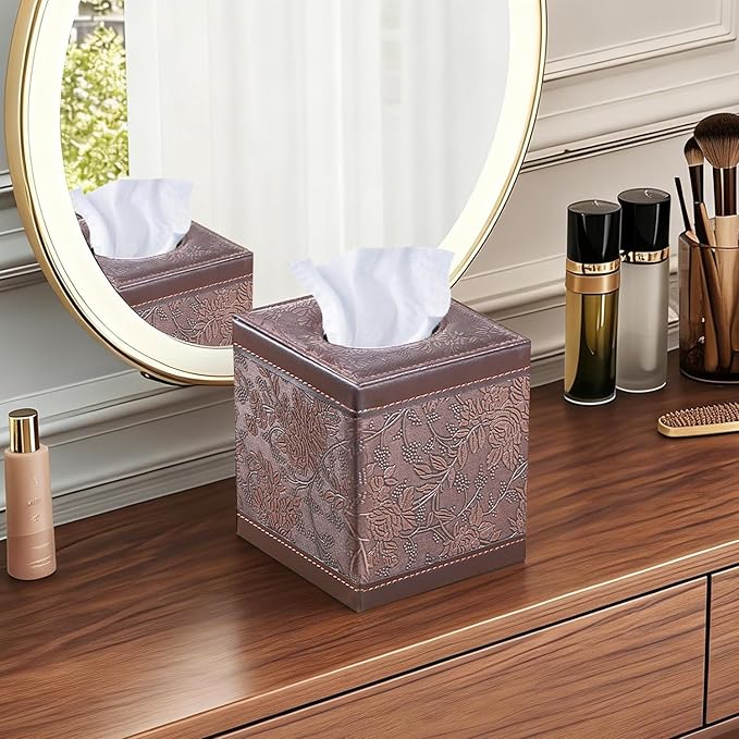 Leather Tissue Box Cover Square,Upgrade 99% Compatible Large Size,Cube Tissue Box Holder for Napkin Facial Paper,Dryer Sheet Dispenser Organizer for Bathroom Vanity Countertop,Night Stand