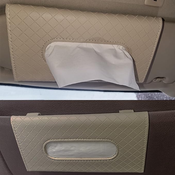 Car Sun Visor Tissue Holder, Car Napkin Holder, Premium PU Leather, Mask Holder for Sun Visor Vehicle, with Tissue Refill, Beige